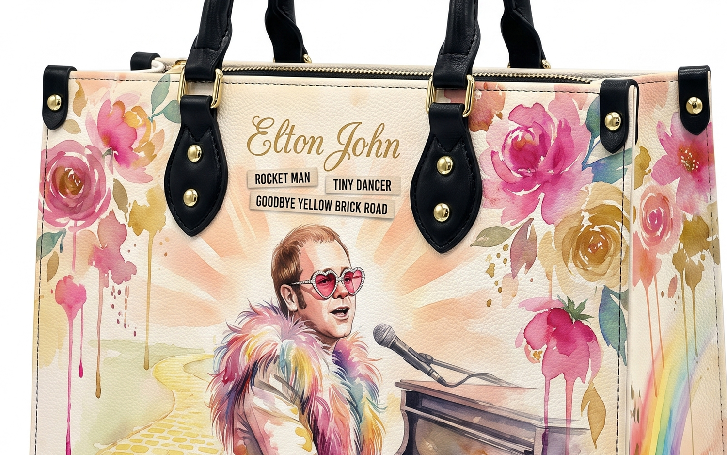 Close-up of the fine pebbled vegan leather and the gold Elton John signature